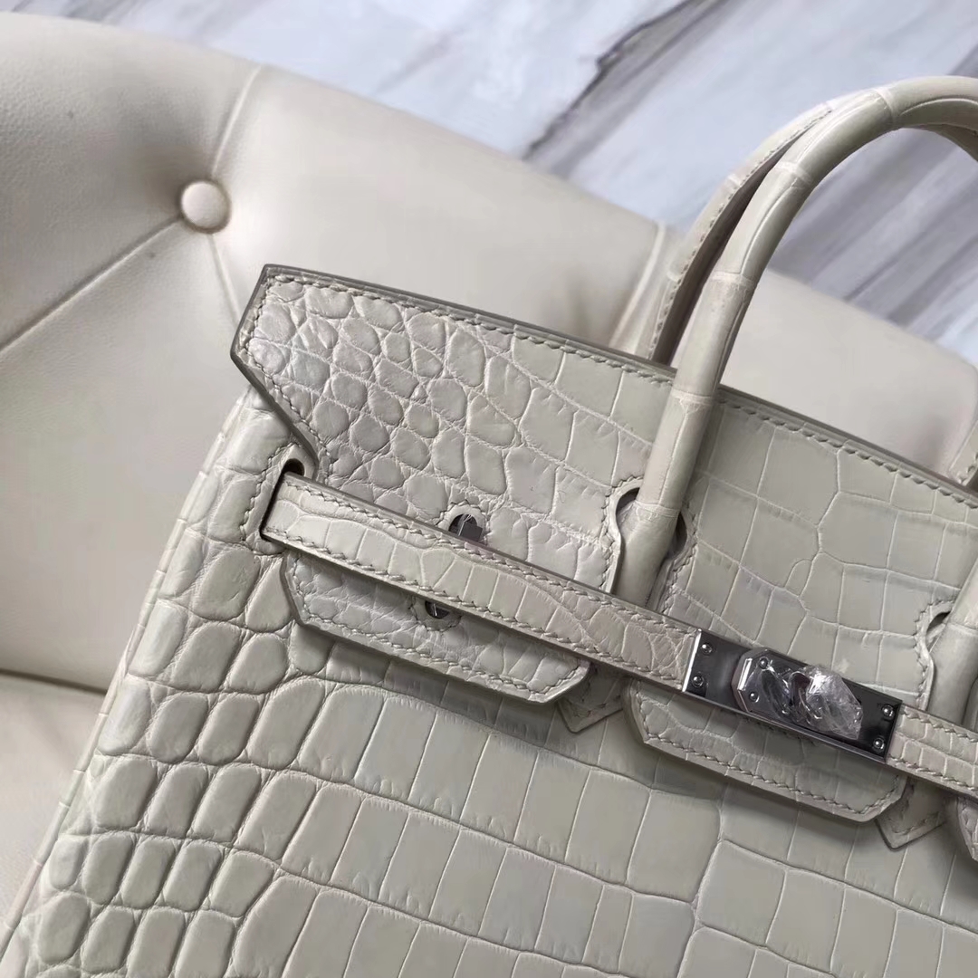 Hermès（爱马仕）Birkin25cm Crocodile matt 雾面鳄鱼8L 奶油白 Beton 银扣