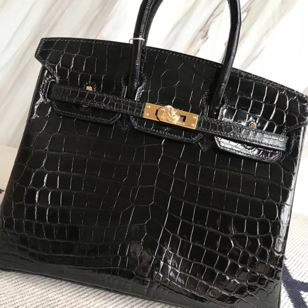 Hermès（爱马仕）Birkin25cm Crocodile shiny 亮面鳄鱼 ck89 黑色 金扣