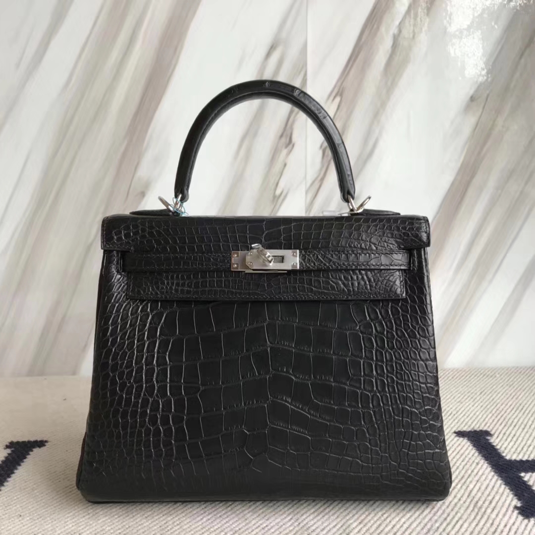 Hermès（爱马仕）Kelly25cm Alligator matt 雾面鳄鱼 ck89 黑色 银扣