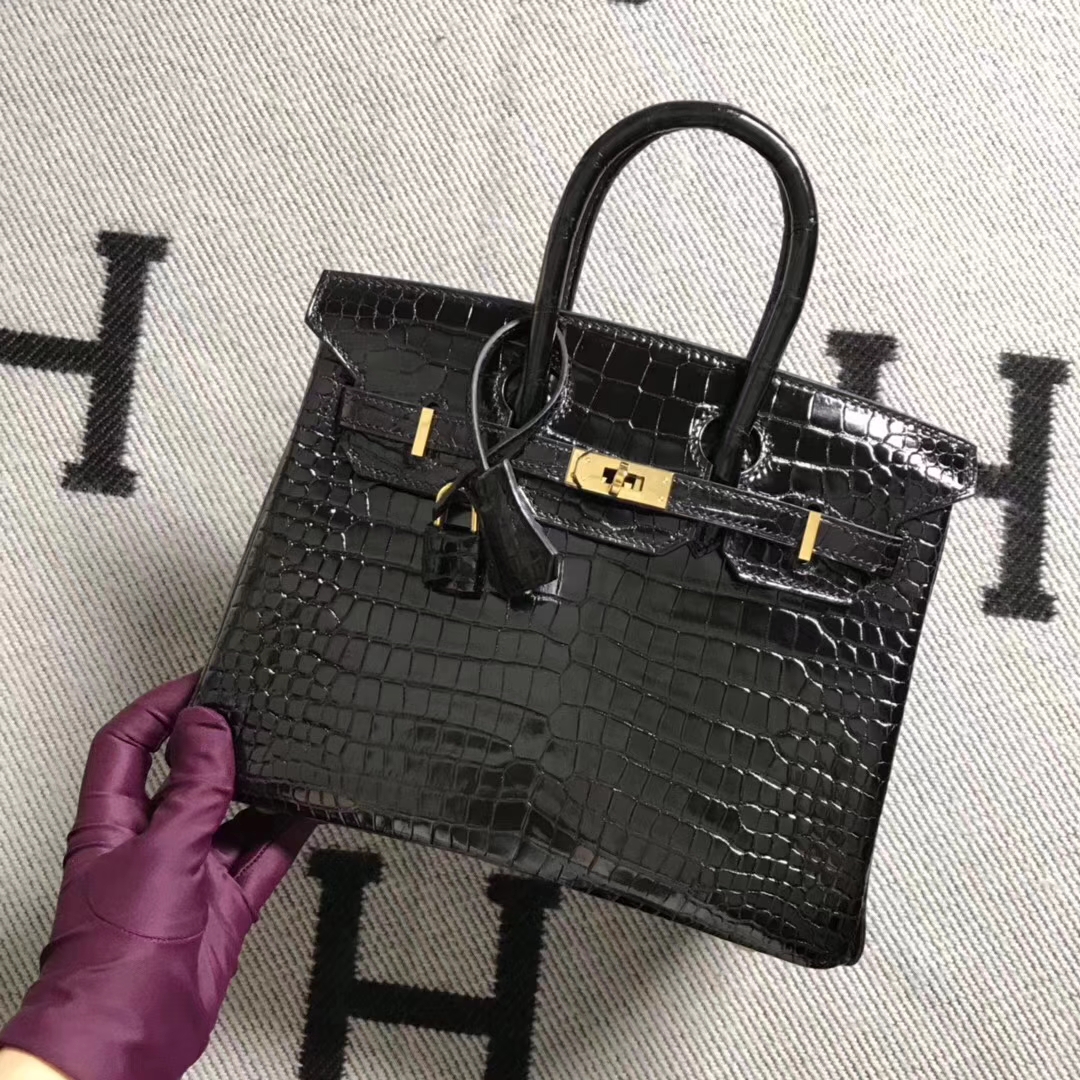 Hermès（爱马仕）亮面湾鳄鱼倒V birkin 25 经典黑金