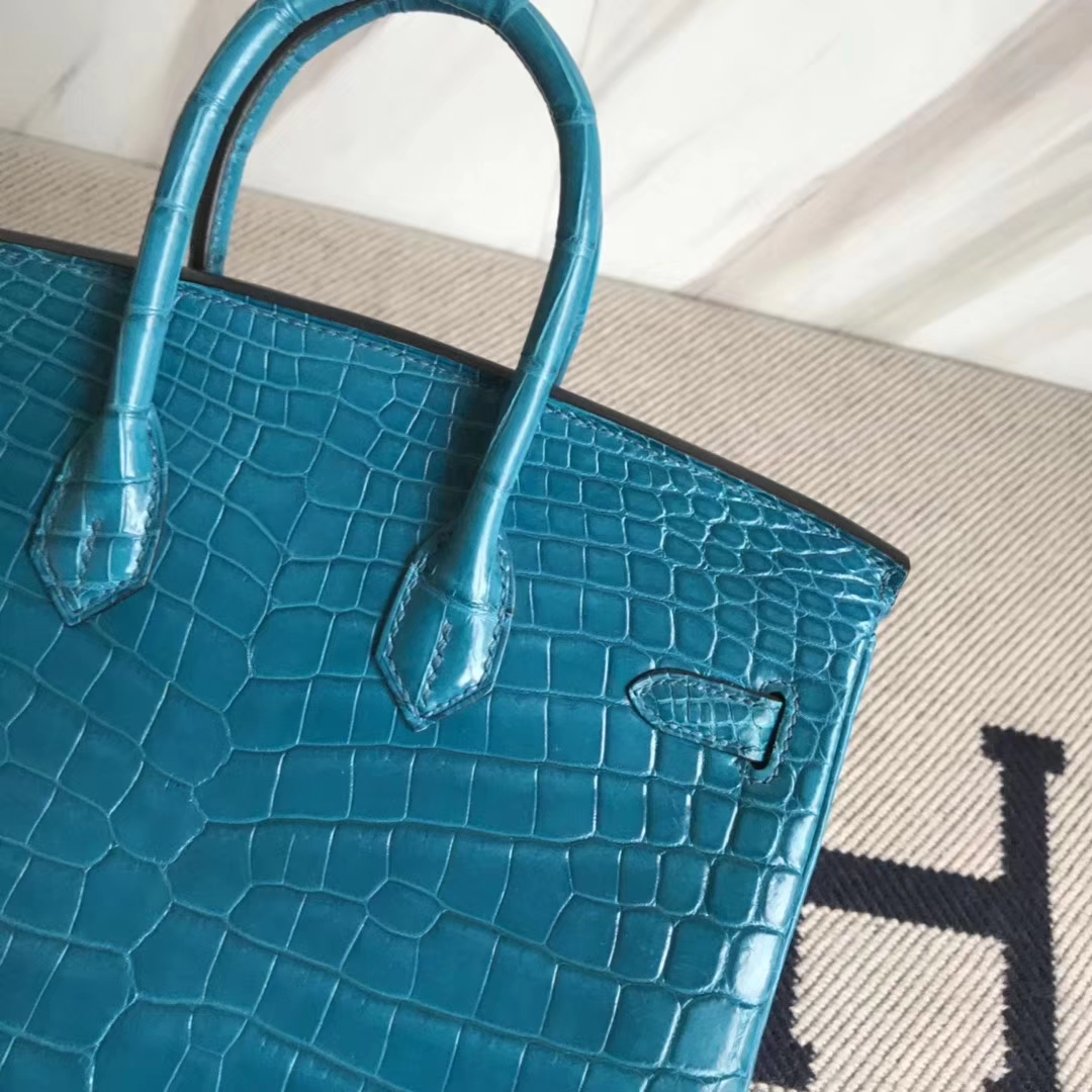 Hermès（爱马仕）Birkin25cm Crocodile shiny 亮面鳄鱼 7w 伊兹密尔蓝 Blue izmir 银扣