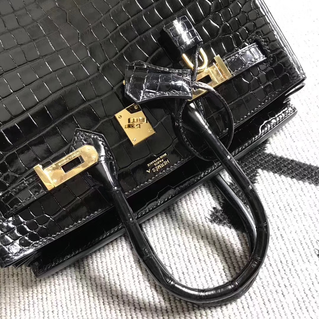 Hermès（爱马仕）亮面湾鳄鱼倒V birkin 25 经典黑金