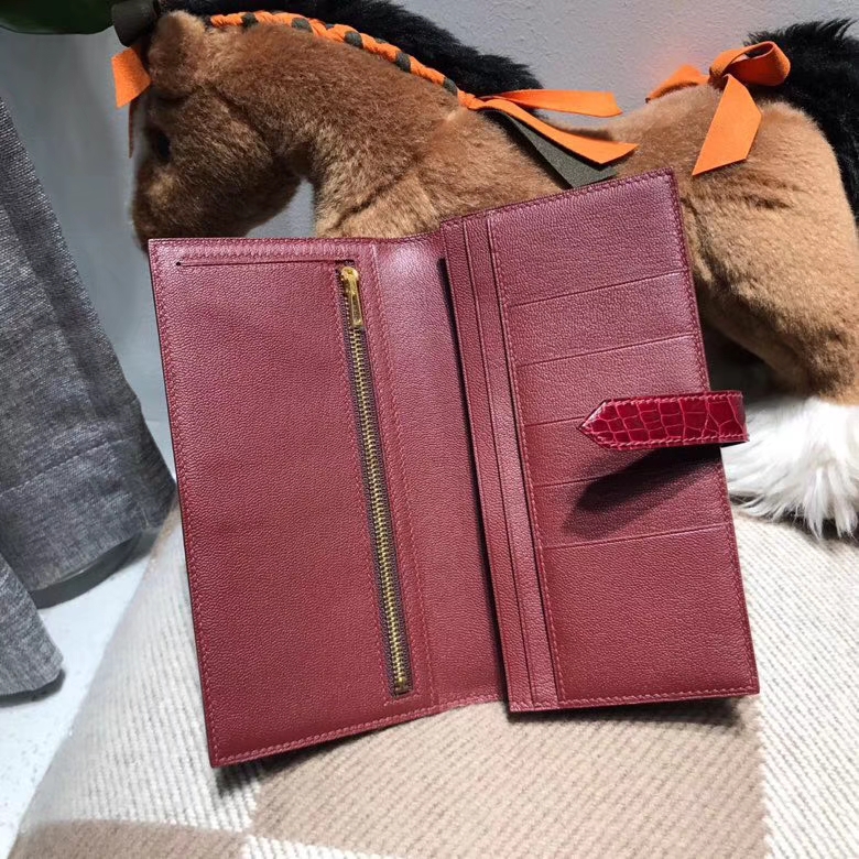 Hermès（爱马仕）bearn两折钱夹亮面鳄鱼皮（方块）F5 Bourgogne 勃艮第酒红 金扣 美洲鳄鱼