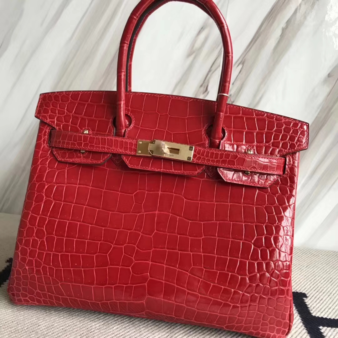Hermès（爱马仕）Birkin30cm Porosus shiny 亮面澳洲湾鳄  ck95 法拉利红 Braise 金扣 现货