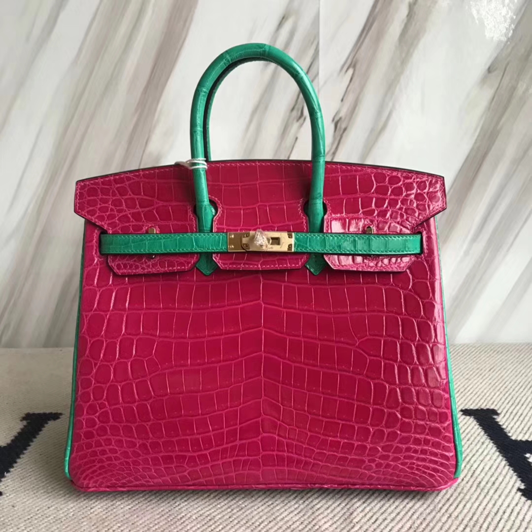 Hermès（爱马仕）Birkin25cm Crocodile  shiny 亮面鳄鱼 J5 天方夜谭粉拼翡翠绿 马蹄印 金扣