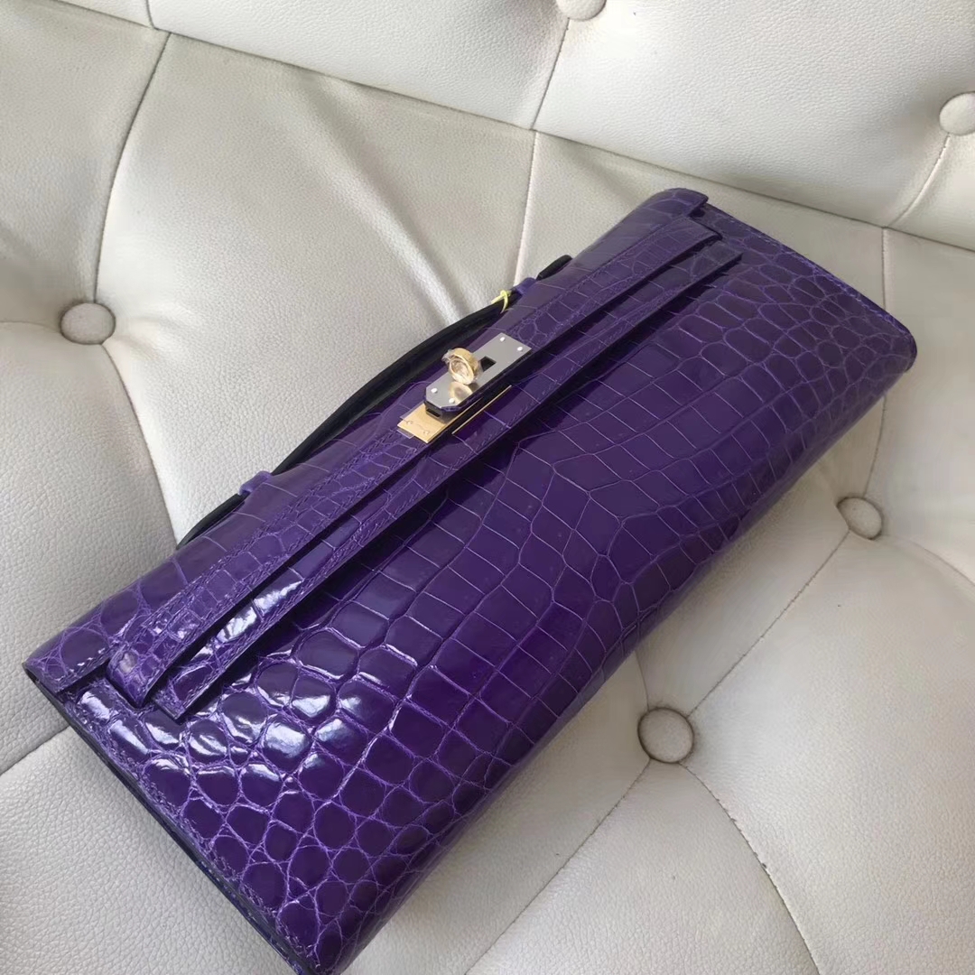 Hermès（爱马仕）kelly cut 31cm Crocodile shiny 亮面鳄鱼 5L 极度紫 金扣