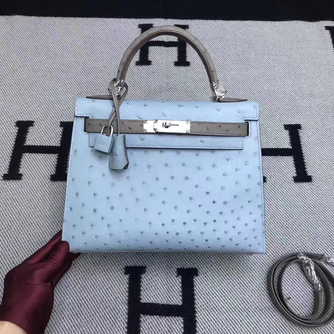 Hermès（爱马仕）南非鸵鸟皮 kelly 28cm 银扣 亚麻蓝拼大象灰