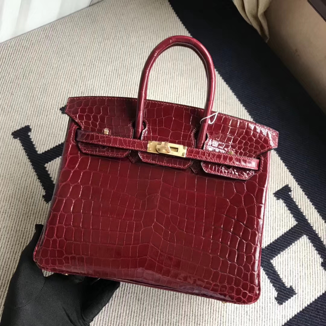 Hermès（爱马仕）Birkin25cm Crocodile shiny 亮面鳄鱼 F5 勃艮第酒红 新酒红 金扣