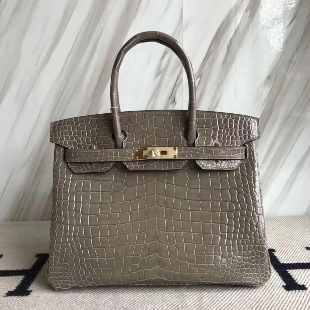 Hermès（爱马仕）Birkin30cm Porosus shiny 亮面澳洲湾鳄  ck81 斑鸠灰 Gris T 金扣