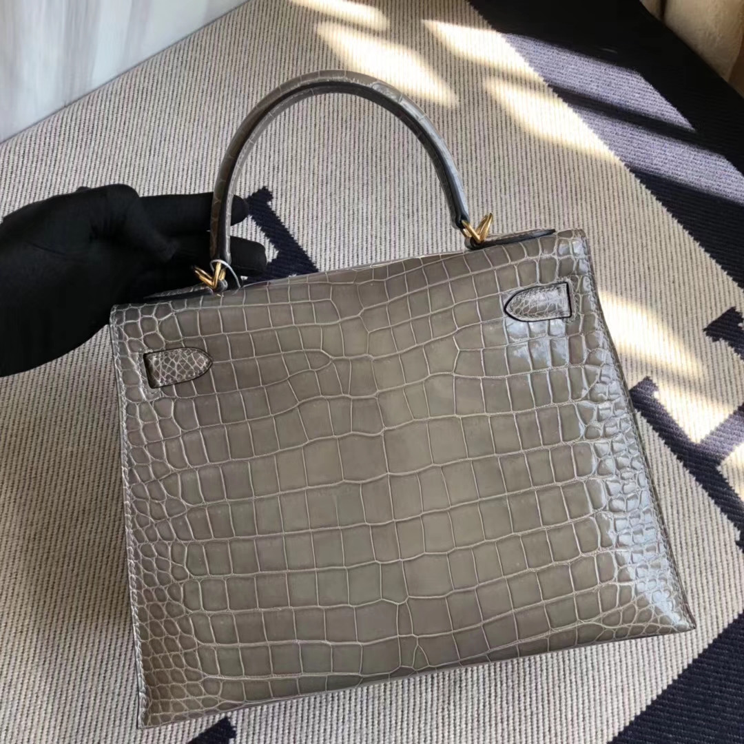 Hermès（爱马仕）Kelly28cm Porosus shiny 亮面澳洲湾鳄鳄鱼 ck81 斑鸠灰 Gris T 金扣