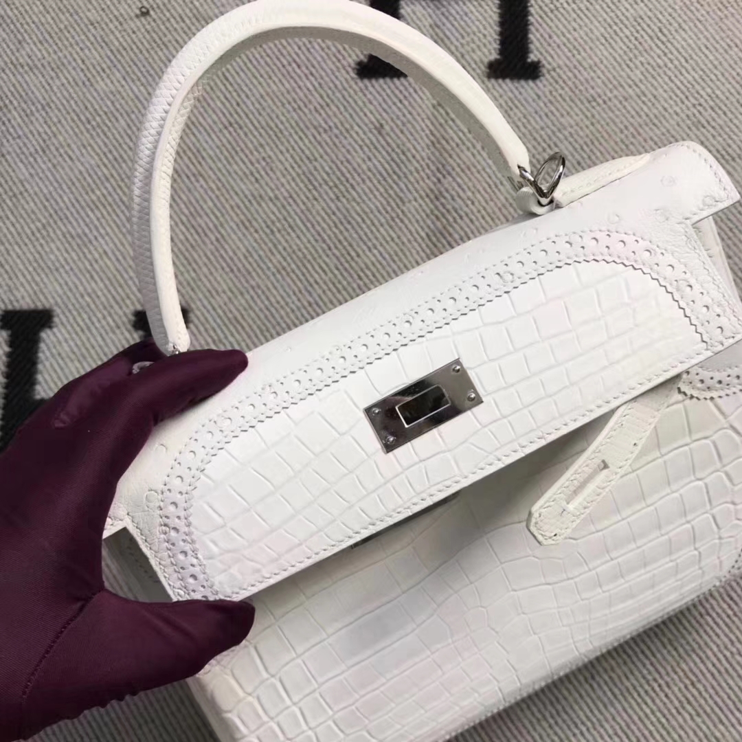 Hermès（爱马仕）蕾丝款 kelly 28cm 白色鳄鱼蜥蜴&鸵鸟三拼色 超级漂亮