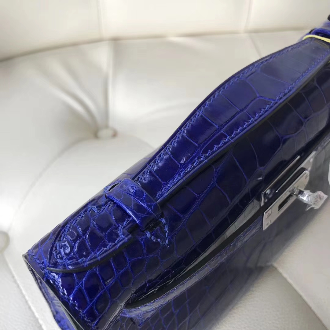 Hermès（爱马仕）Minikelly pochette Alligator shiny 亮面鳄鱼7T 电光蓝 Blue eletric 银扣  手抓包 晚宴包