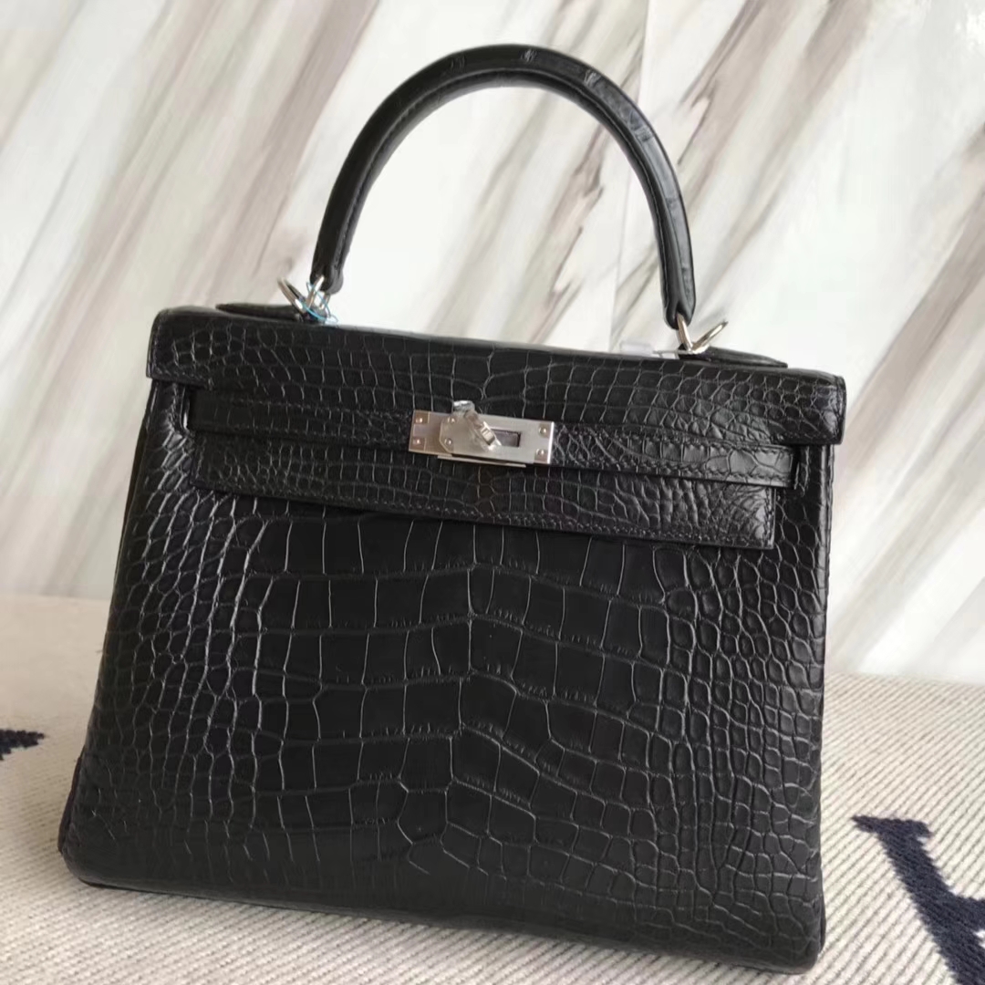 Hermès(爱马仕)Kelly25cm Alligator matt 雾面鳄鱼 ck89 黑色 银扣-拉尔森鳄鱼皮具定制 - 爱马仕包包官网 Hermès(爱马仕)Kelly25cm Alligator matt 雾面鳄鱼 ck89 黑色 银扣