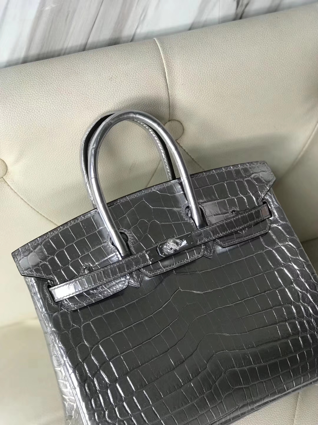 Hermès（爱马仕）Birkin25cm Crocodile shiny 银色亮面鳄鱼 银扣