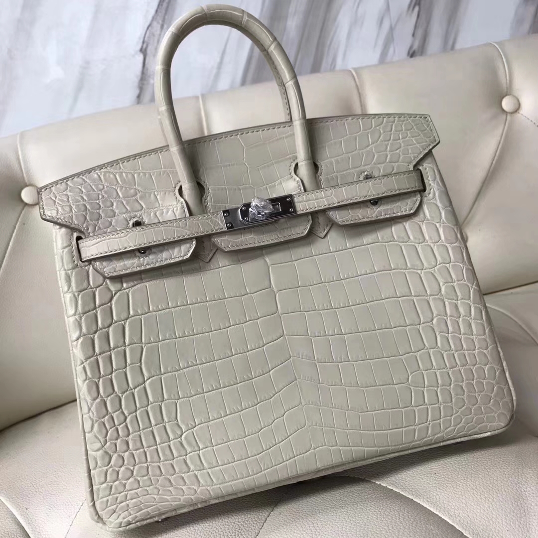 Hermès(爱马仕)Birkin25cm Crocodile matt 雾面鳄鱼8L 奶油白 Beton 银扣-拉尔森鳄鱼皮具定制 - 爱马仕包包官网 Hermès(爱马仕)Birkin25cm Crocodile matt 雾面鳄鱼8L 奶油白 Beton 银扣