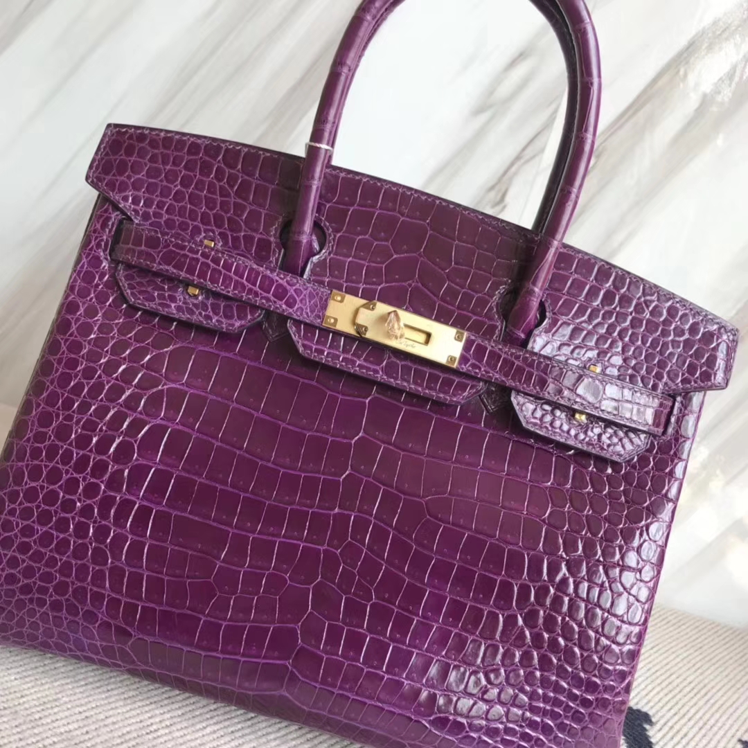 Hermès（爱马仕）Birkin30cm Porosus shiny 亮面澳洲湾鳄 9G 紫水晶 金扣 品相超赞 现货