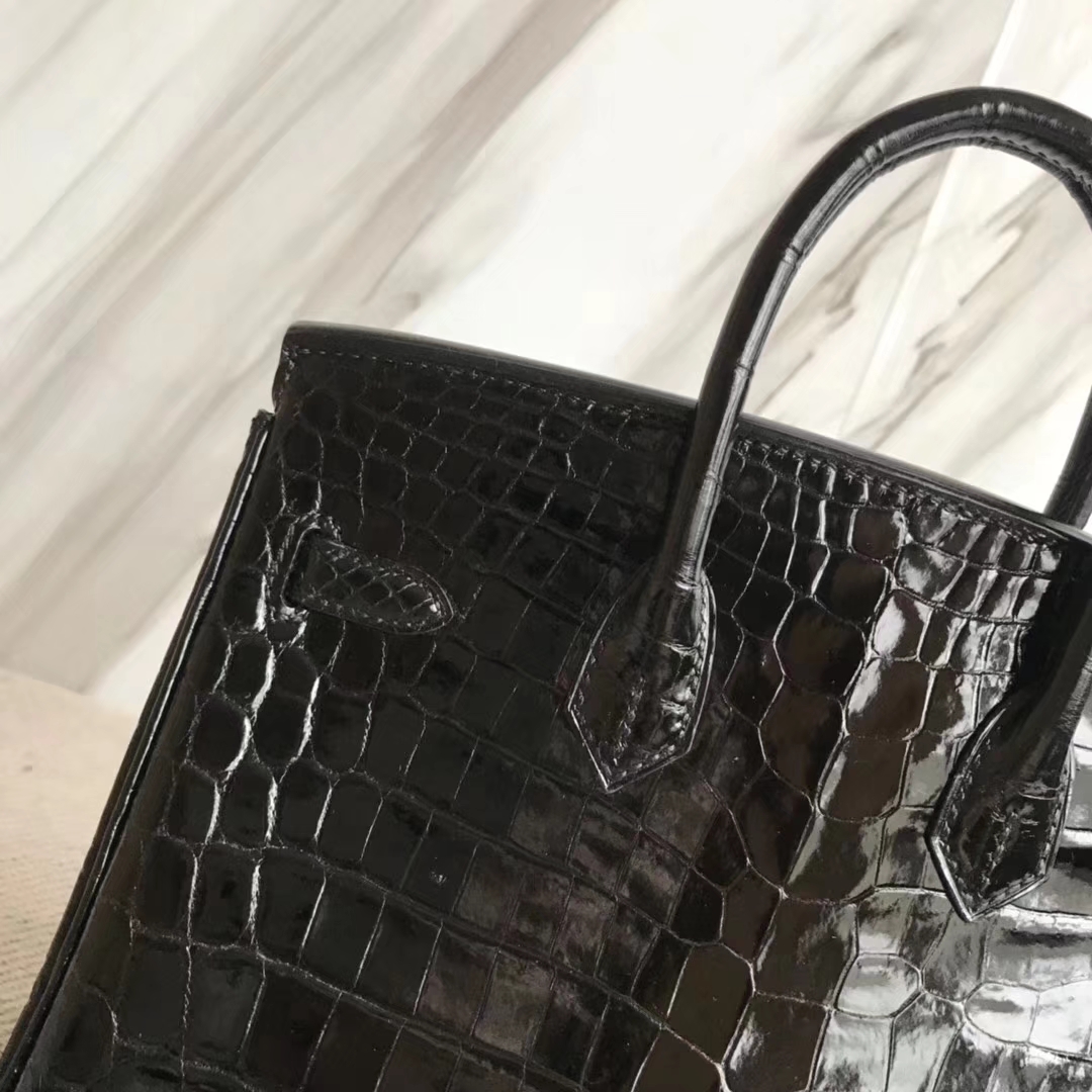 Hermès（爱马仕）Birkin25cm Crocodile shiny 亮面鳄鱼 ck89 黑色 金扣