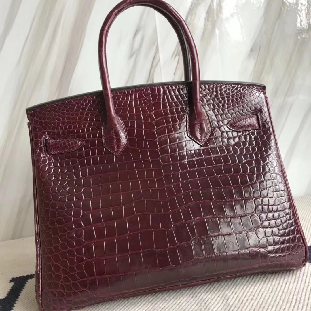 Hermès（爱马仕）Birkin30cm Porosus shiny 亮面澳洲湾鳄  ck57 波尔多酒红 Bordeaux 金扣 现货