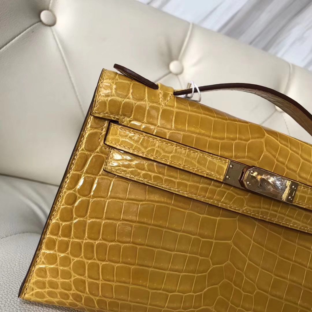 Hermès（爱马仕）Minikelly pochette Alligator shiny 亮面鳄鱼9D 琥珀黄 Ambre 金扣