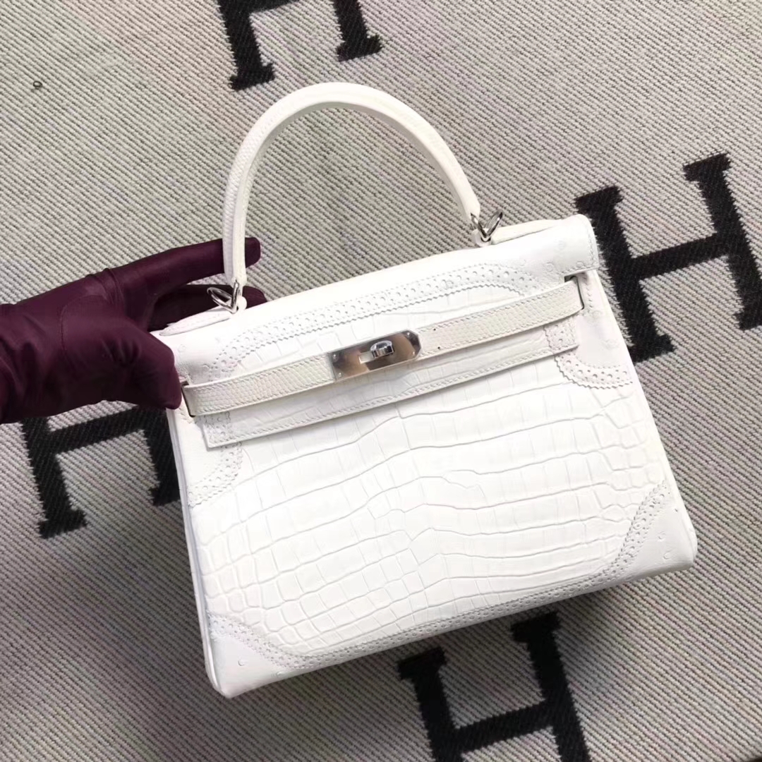 Hermès（爱马仕）蕾丝款 kelly 28cm 白色鳄鱼蜥蜴&鸵鸟三拼色 超级漂亮