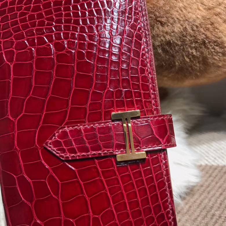 Hermès（爱马仕）bearn两折钱夹亮面鳄鱼皮（方块）F5 Bourgogne 勃艮第酒红 金扣 美洲鳄鱼