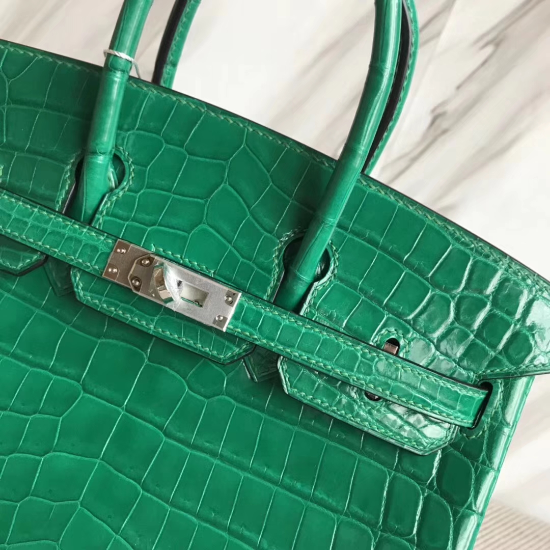 Hermès（爱马仕）Birkin25cm Crocodile shiny 亮面鳄鱼 6Ｑ 翡翠绿 银扣