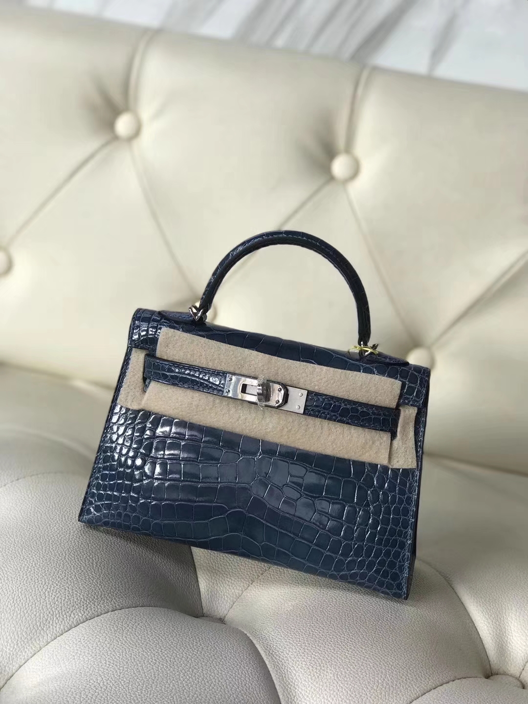 Hermès（爱马仕）Minikelly ll Alligator  shiny 方块鳄鱼 7N 风暴蓝 银扣