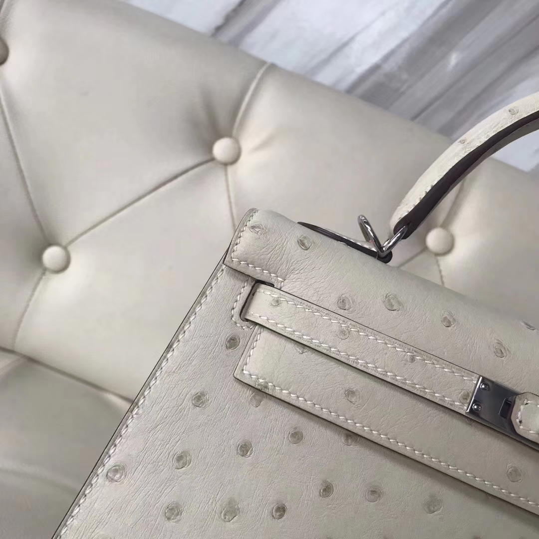 Hermès(爱马仕)Kelly25cm Ostrich kk鸵鸟 3C 羊毛白 银扣-拉尔森鳄鱼皮具定制 - 爱马仕包包官网 Hermès(爱马仕)Kelly25cm Ostrich kk鸵鸟 3C 羊毛白 银扣
