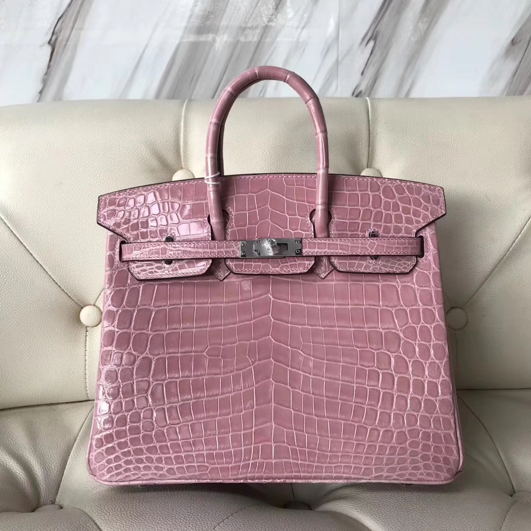 Hermès（爱马仕）Birkin25cm Crocodile shiny 亮面两点鳄鱼 5Z 印度粉 银扣