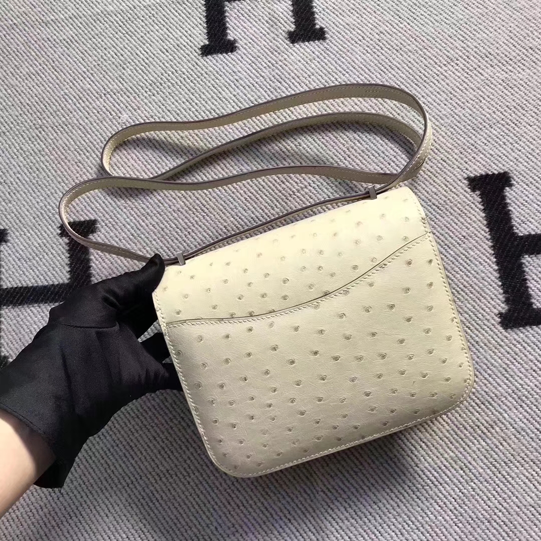 Hermès（爱马仕）南非鸵鸟皮 constance 19cm 银扣 羊毛白