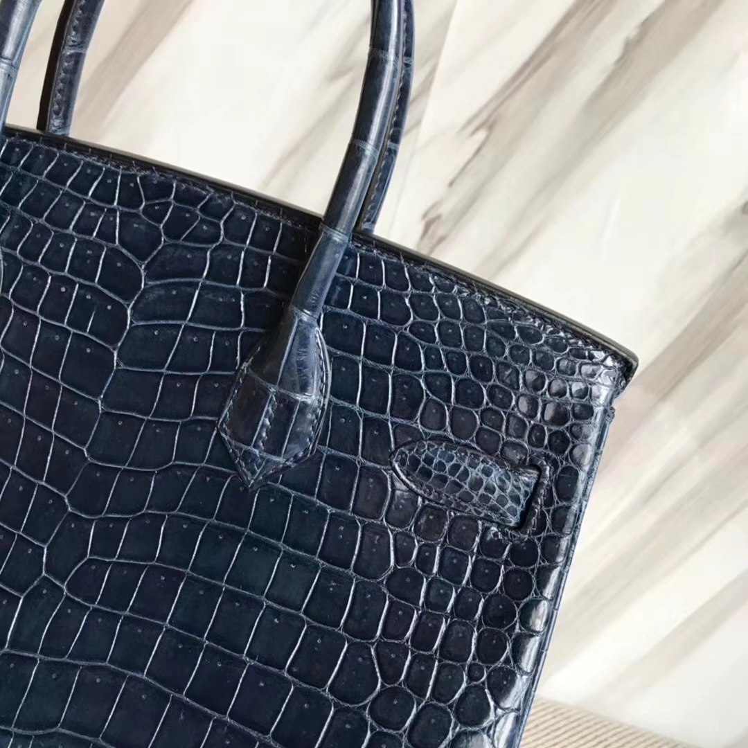 Hermès（爱马仕）Birkin30cm Porosus shiny 亮面澳洲湾鳄  N7 风暴蓝  金扣 现货