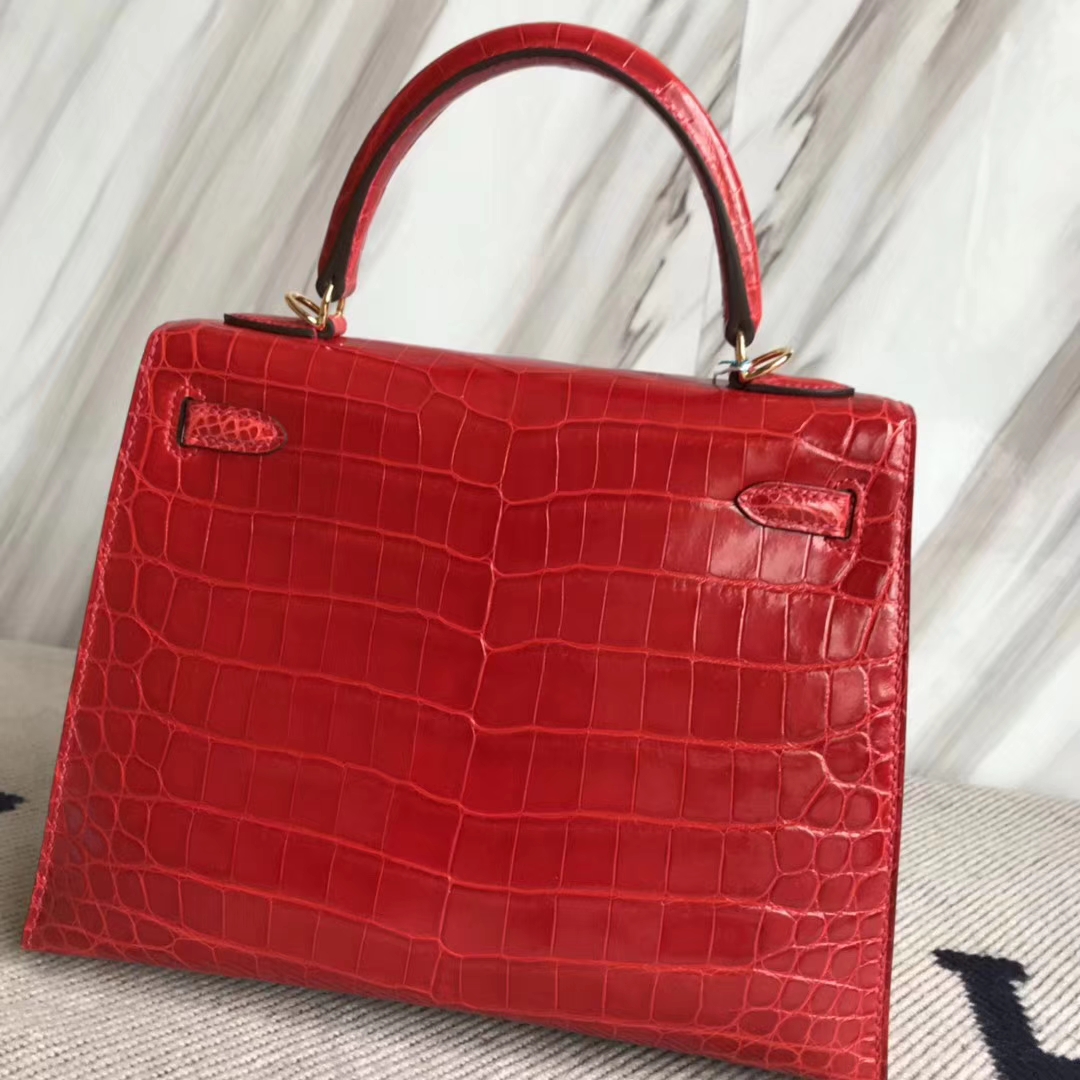 Hermès（爱马仕）Kelly25cm Crocodile shiny 亮面两点鳄鱼 ck95 法拉利红 Braise 金扣