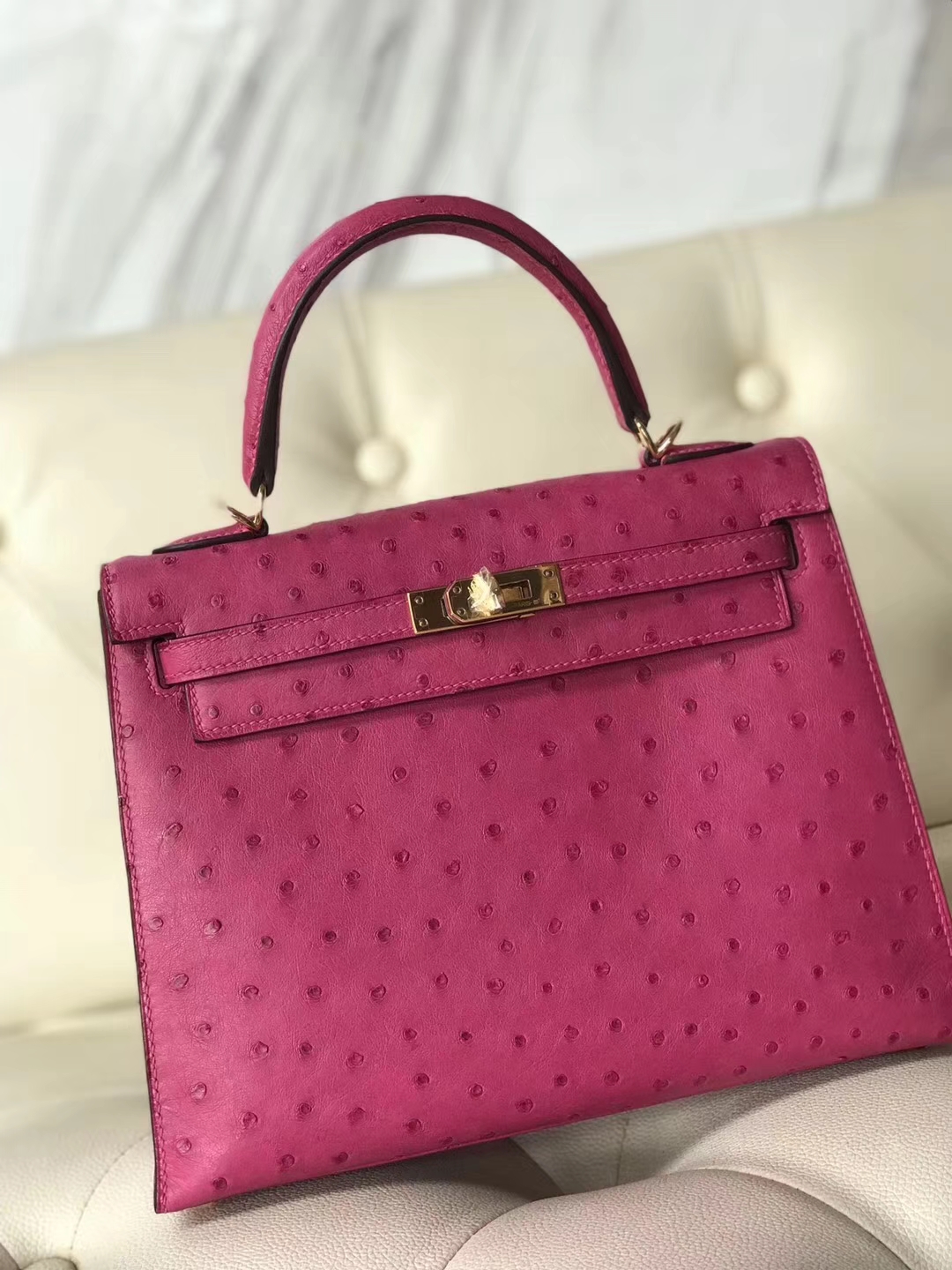 Hermès（爱马仕）Kelly25cm Ostrich kk 鸵鸟 玫红