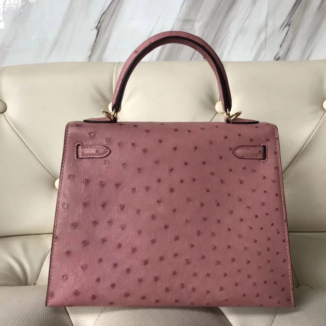 Hermès（爱马仕）kelly25cm Ostrich kk鸵鸟 cc94 陶瓷粉 金扣