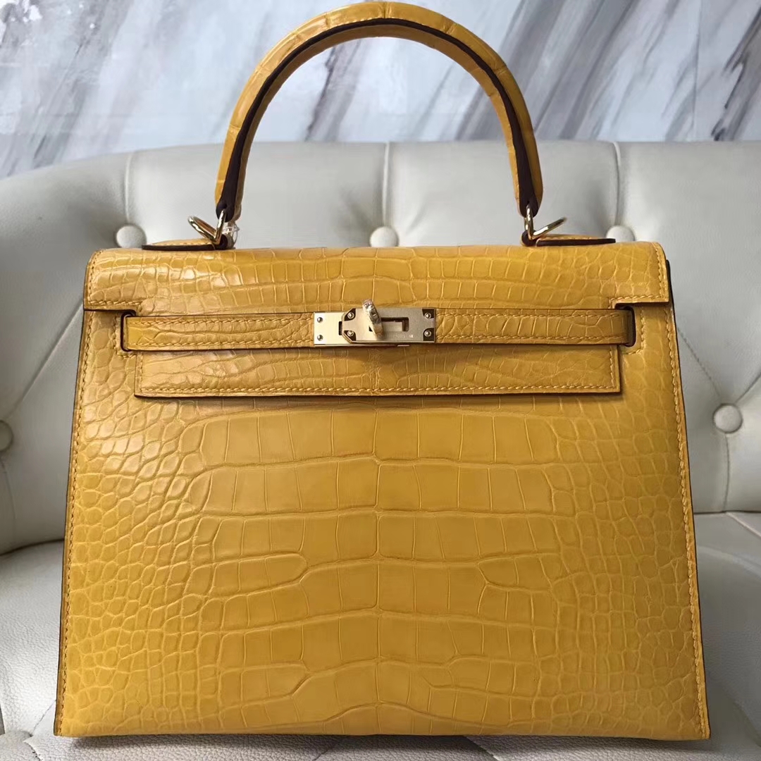 Hermès（爱马仕）Kelly25cm Matt alligator crocodile 9D琥珀黄 顶级工艺 全手工蜜蜡线缝 金扣