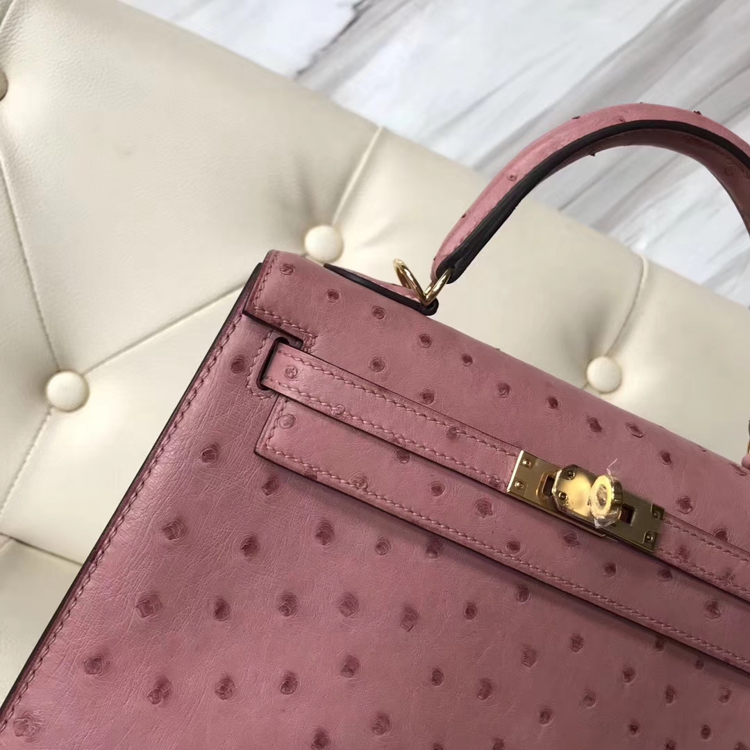 Hermès（爱马仕）kelly25cm Ostrich kk鸵鸟 cc94 陶瓷粉 金扣
