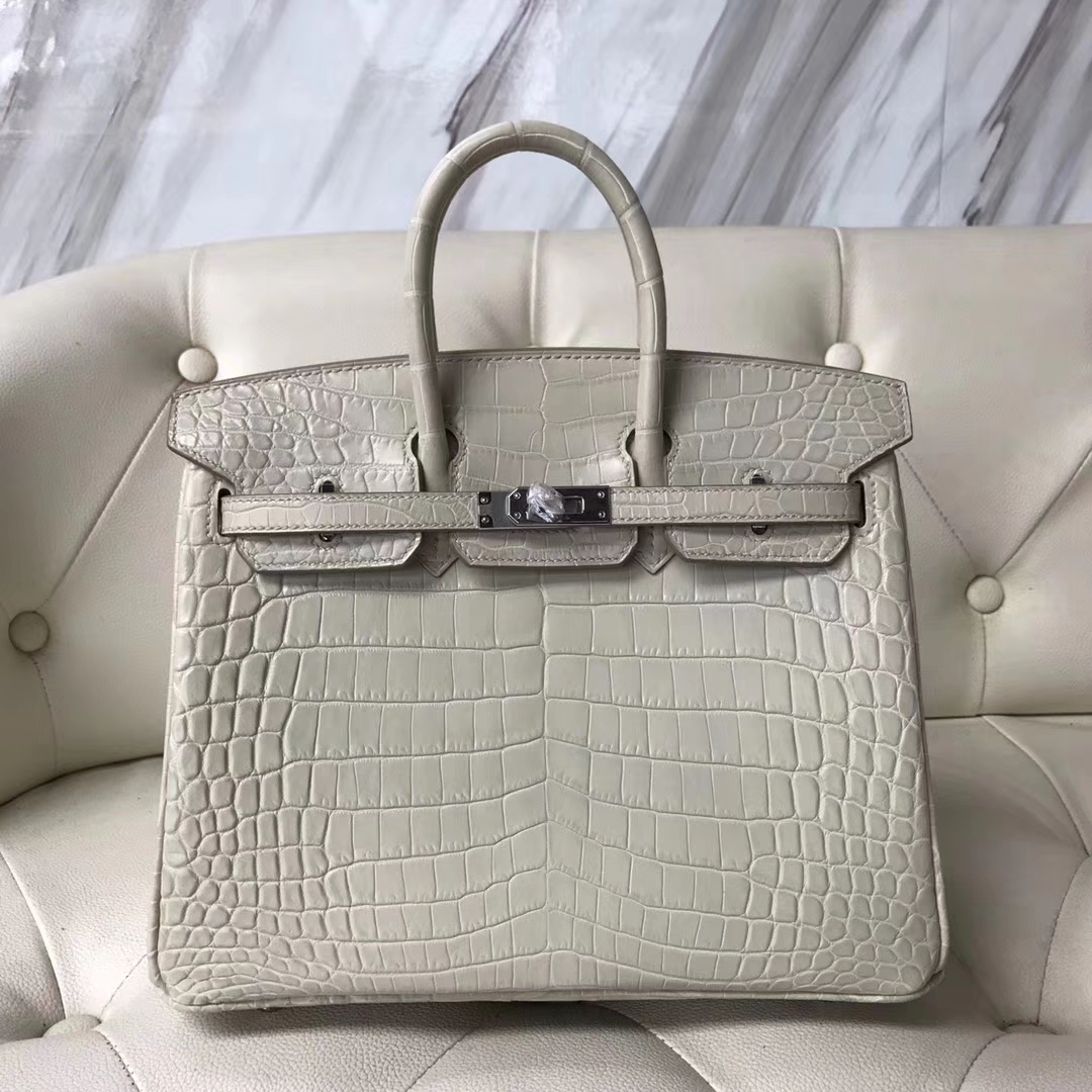 Hermès（爱马仕）Birkin25cm Crocodile matt 雾面鳄鱼8L 奶油白 Beton 银扣