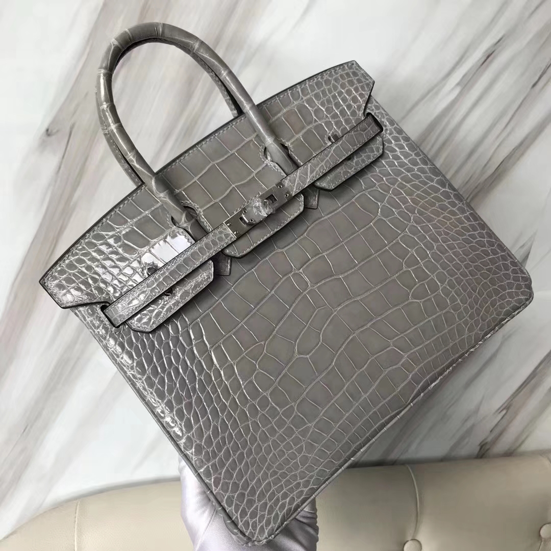 Hermès（爱马仕）Birkin25cm Alligator shiny亮面鳄鱼 浅灰 银扣 气质灰 现货