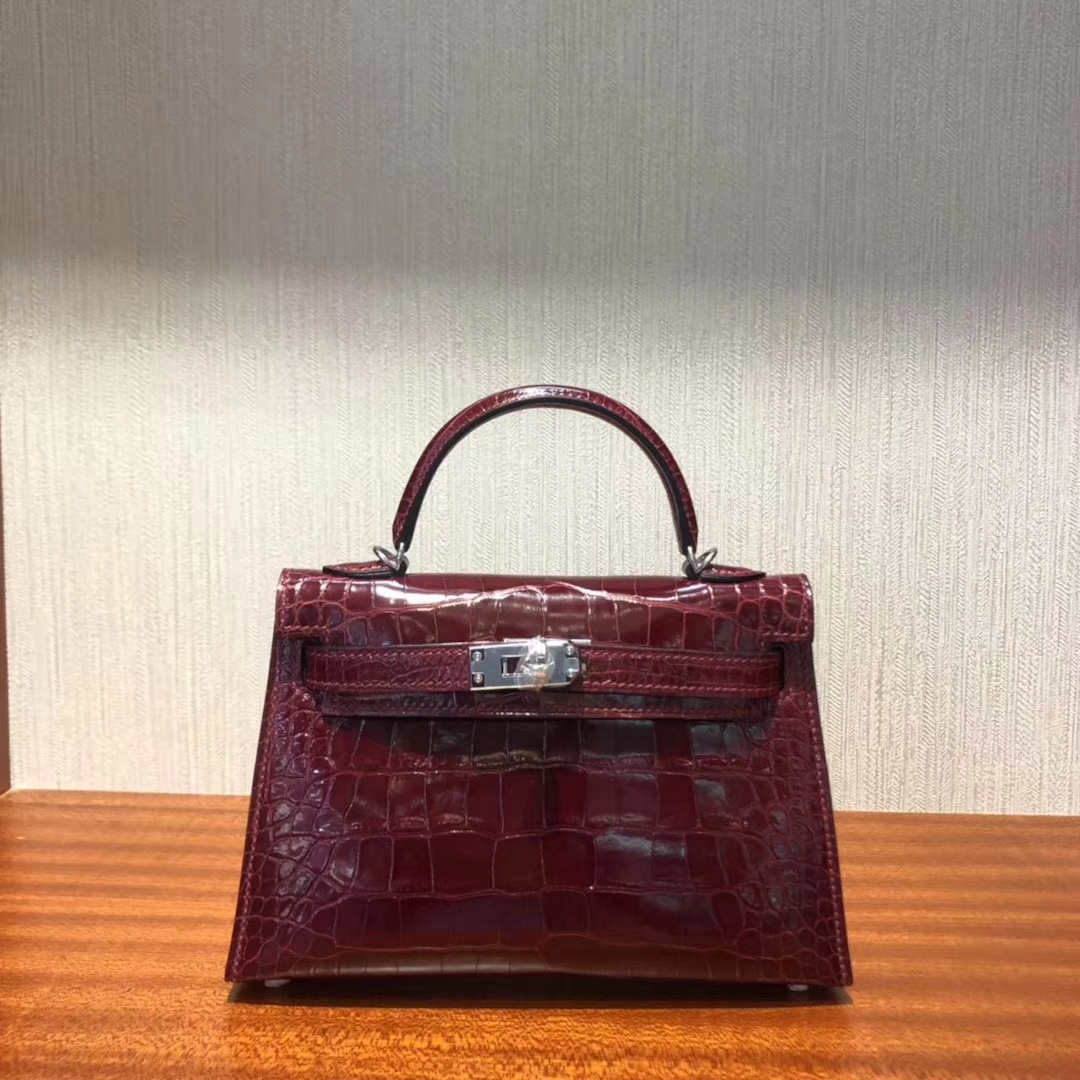 Hermès（爱马仕）Kelly2代 19cm shiny alligator crocodile   F5勃艮第酒红 蜡线全手工 银扣