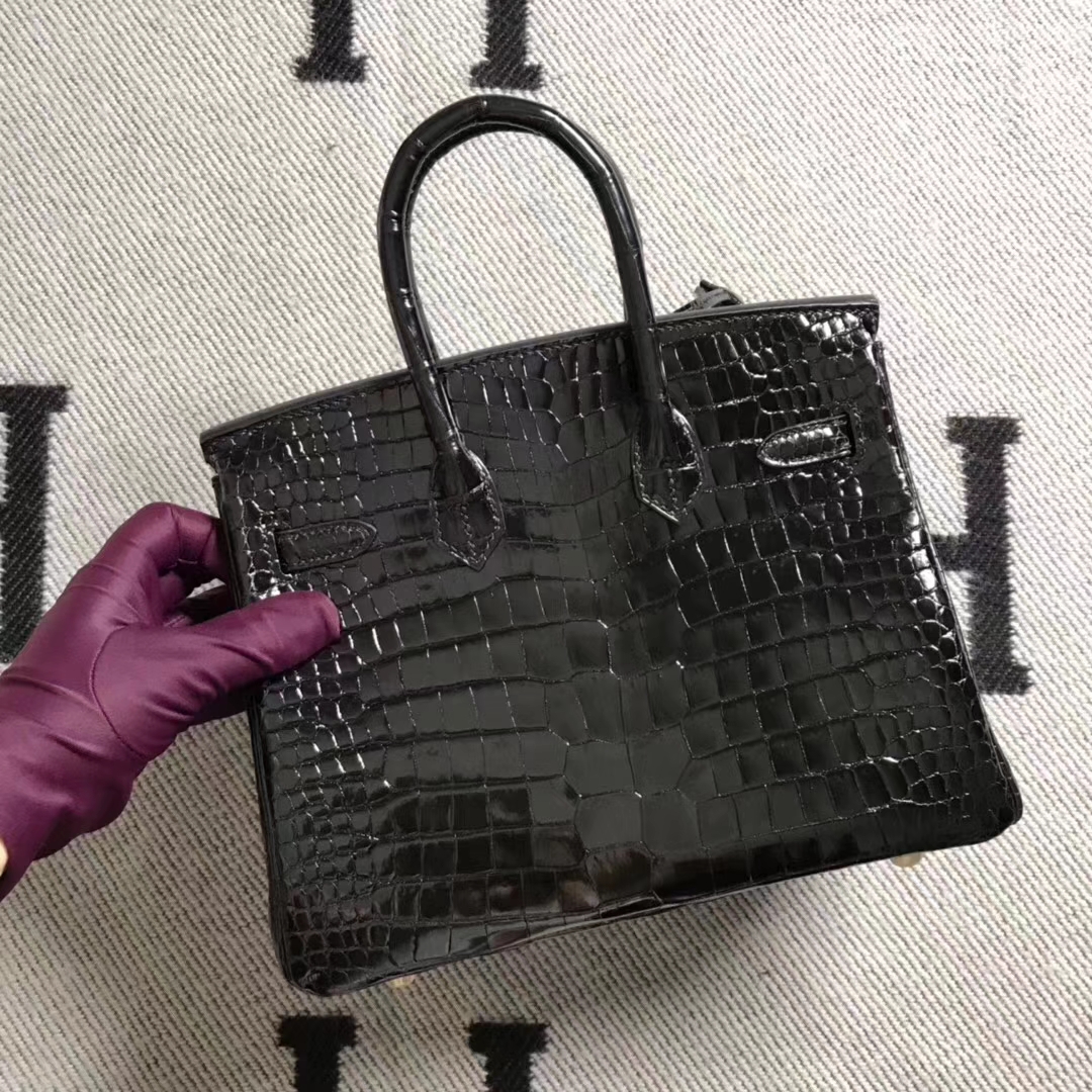 Hermès（爱马仕）亮面湾鳄鱼倒V birkin 25 经典黑金
