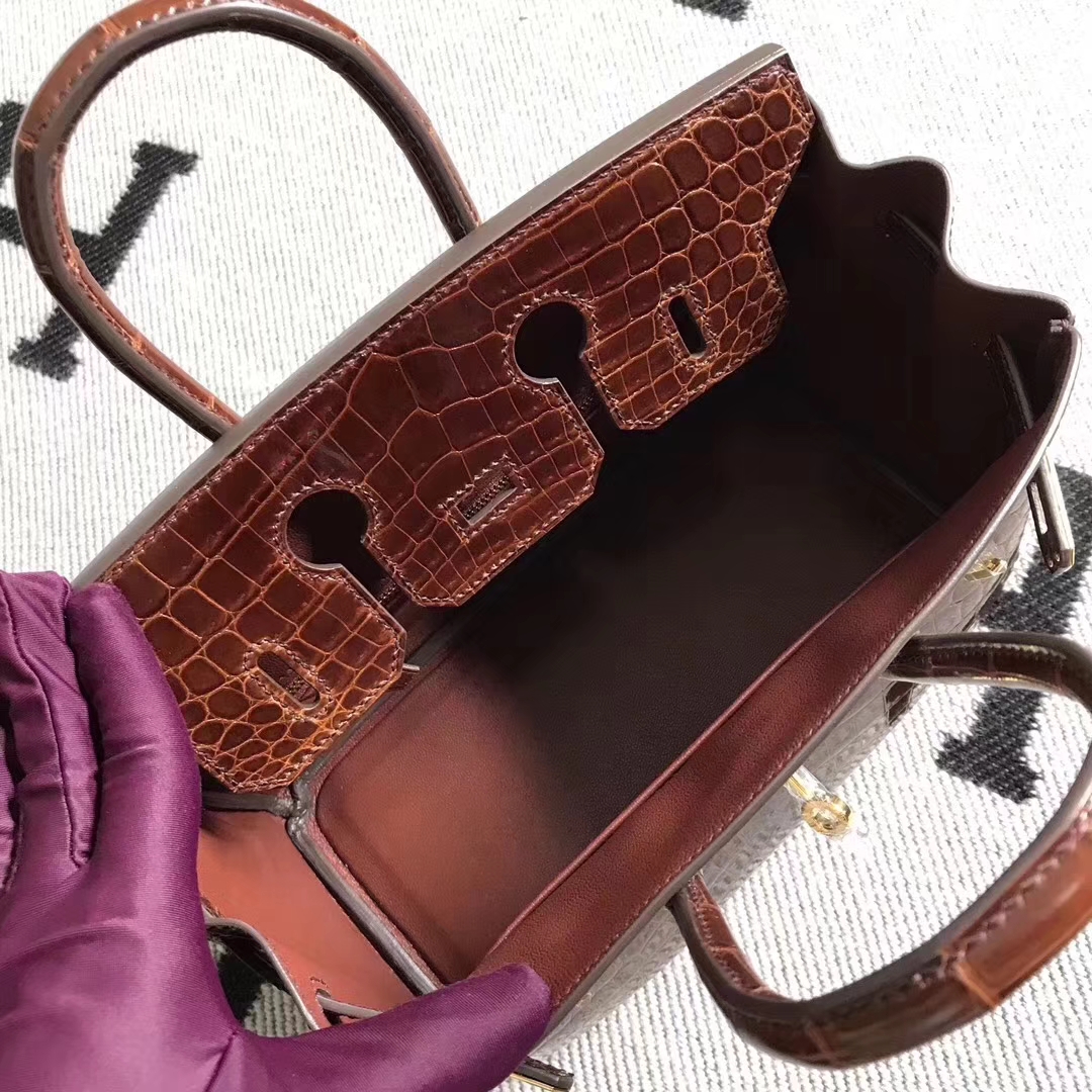 Hermès（爱马仕）亮面鳄鱼birkin 25 咖啡色 银扣 超美的