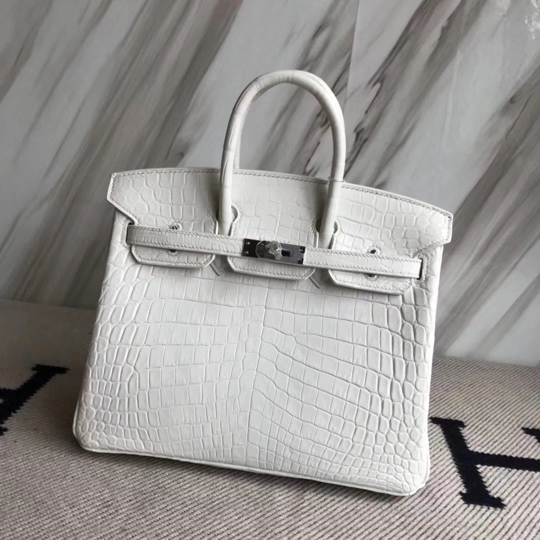 Hermès（爱马仕）Birkin25cm Crocodile matt 雾面鳄鱼 01 纯白 白雪公主 White 银扣