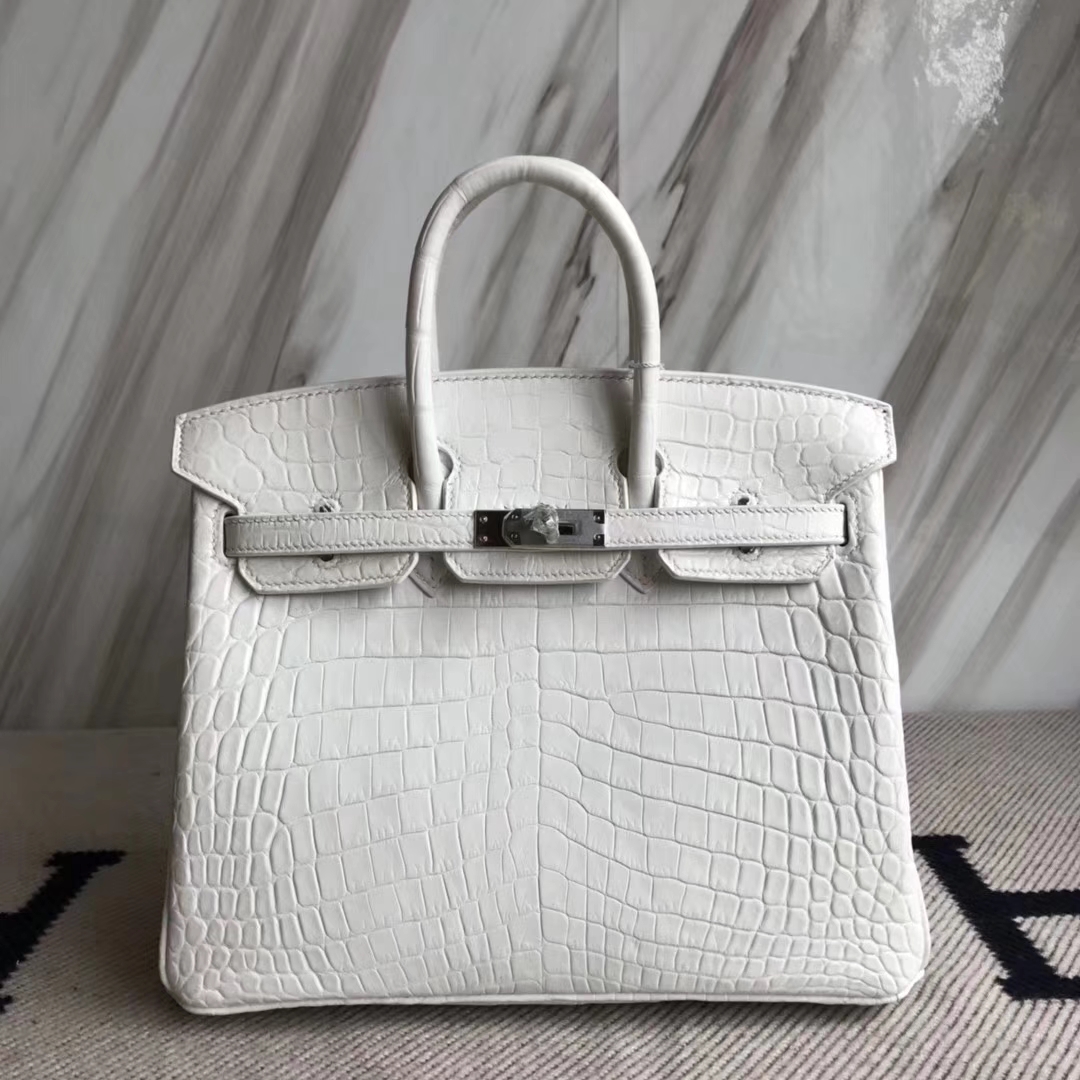 Hermès（爱马仕）Birkin25cm Crocodile matt 雾面鳄鱼 01 纯白 白雪公主 White 银扣