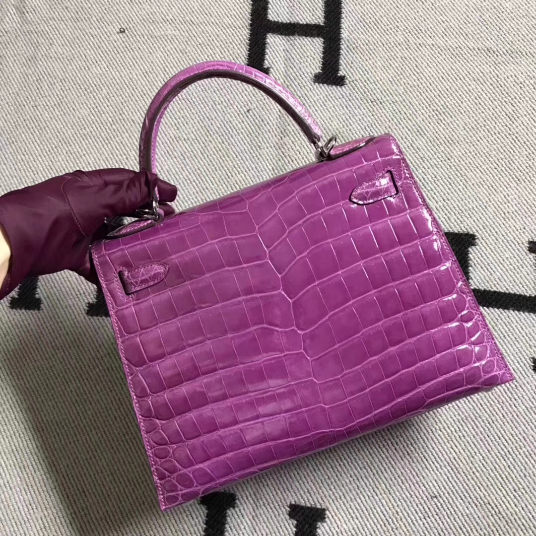 Hermès（爱马仕）亮面鳄鱼两点 银扣Kelly 28cm  紫罗兰