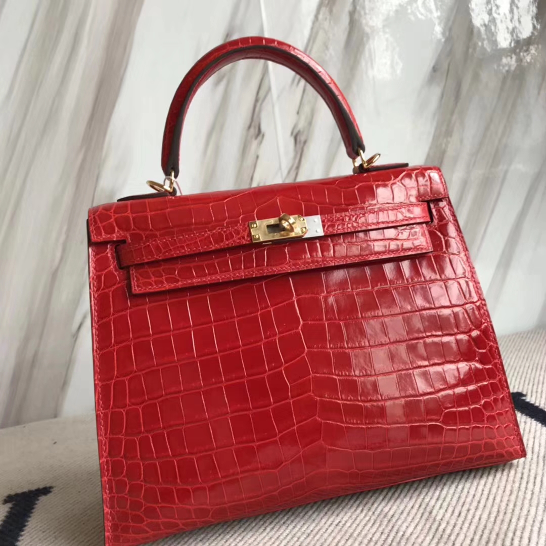 Hermès（爱马仕）Kelly25cm Crocodile shiny 亮面两点鳄鱼 ck95 法拉利红 Braise 金扣
