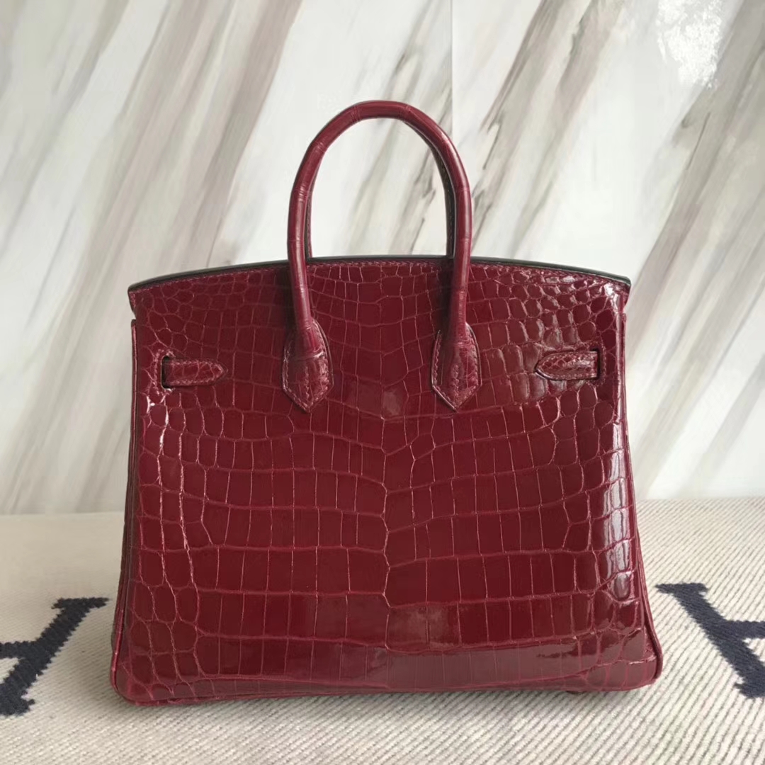 Hermès（爱马仕）Birkin25cm Crocodile shiny 亮面鳄鱼 F5 勃艮第酒红 新酒红 金扣