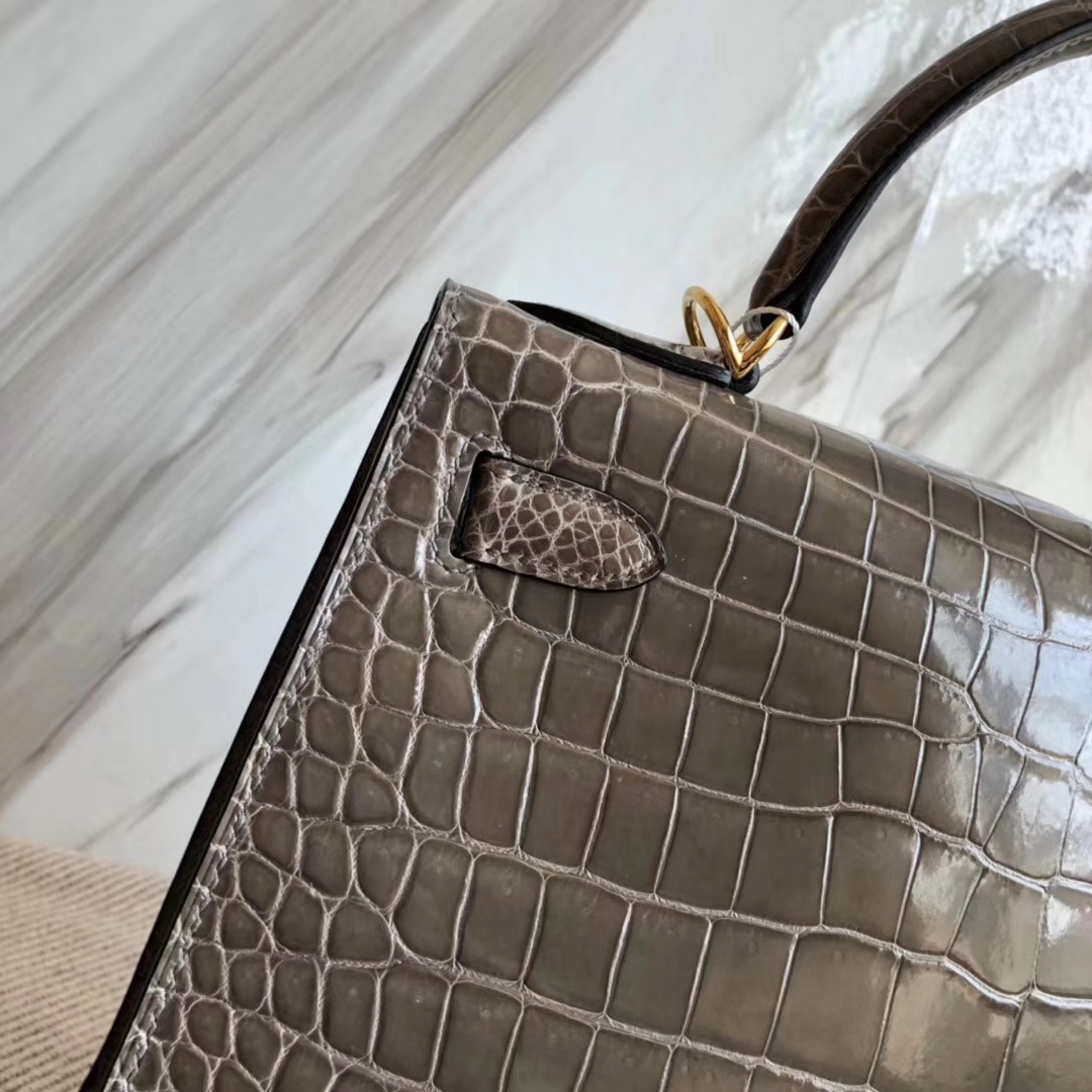 Hermès（爱马仕）Kelly28cm Porosus shiny 亮面澳洲湾鳄鳄鱼 ck81 斑鸠灰 Gris T 金扣