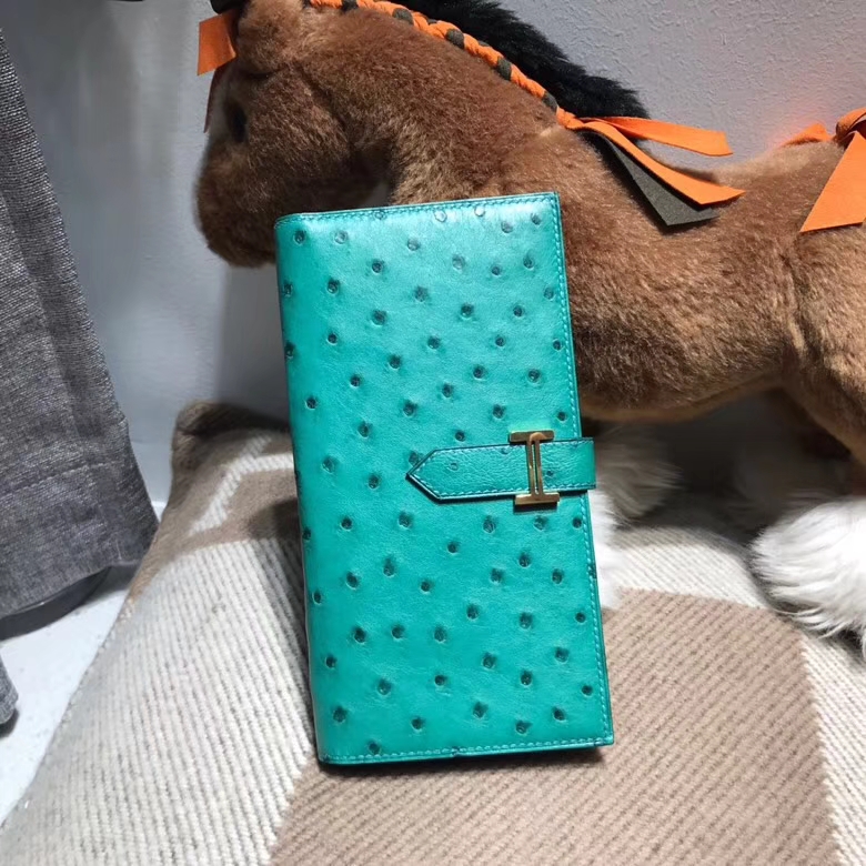 Hermès（爱马仕）bearn两折钱夹鸵鸟皮 U4 Vertigo 丝绒绿 金扣
