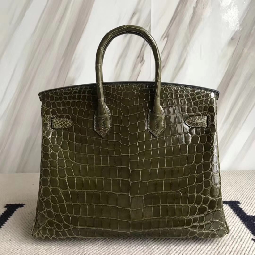 Hermès（爱马仕）Birkin25cm Crocodile shiny 亮面鳄鱼 6H 橄榄绿 银扣