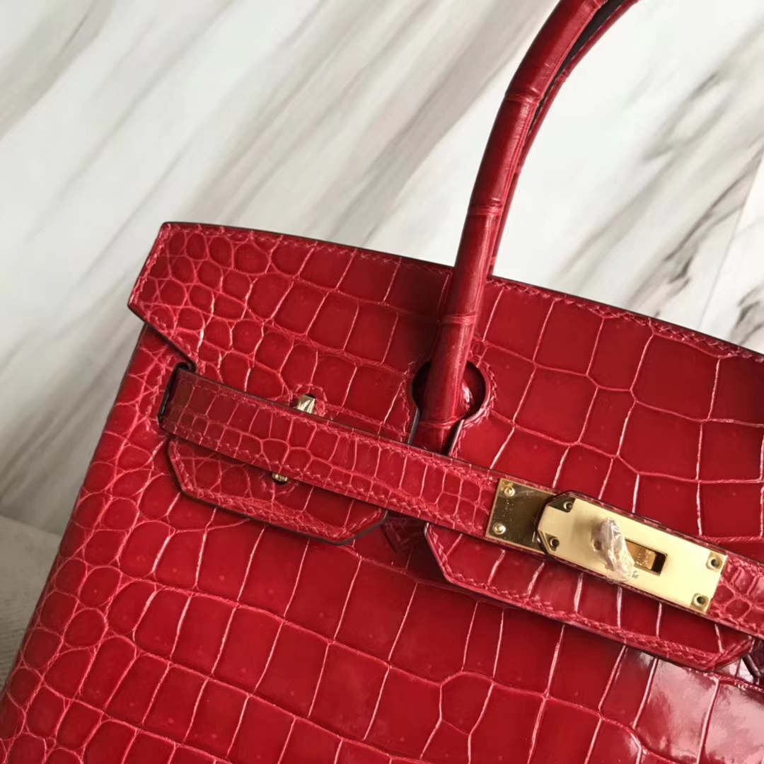 Hermès（爱马仕）Birkin30cm Porosus shiny 亮面澳洲湾鳄  ck95 法拉利红 Braise 金扣 现货
